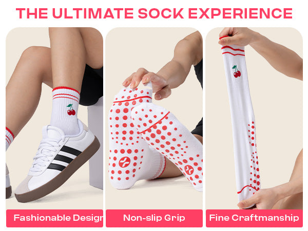 CoolMate Pilates Socks with Grips for Women, Yoga Socks, Crew Non Slip Women for Barre, Pilates Gifts (US, Numeric, 6, 10, Regular, Regular, E-17. 1 Pair Cherry)