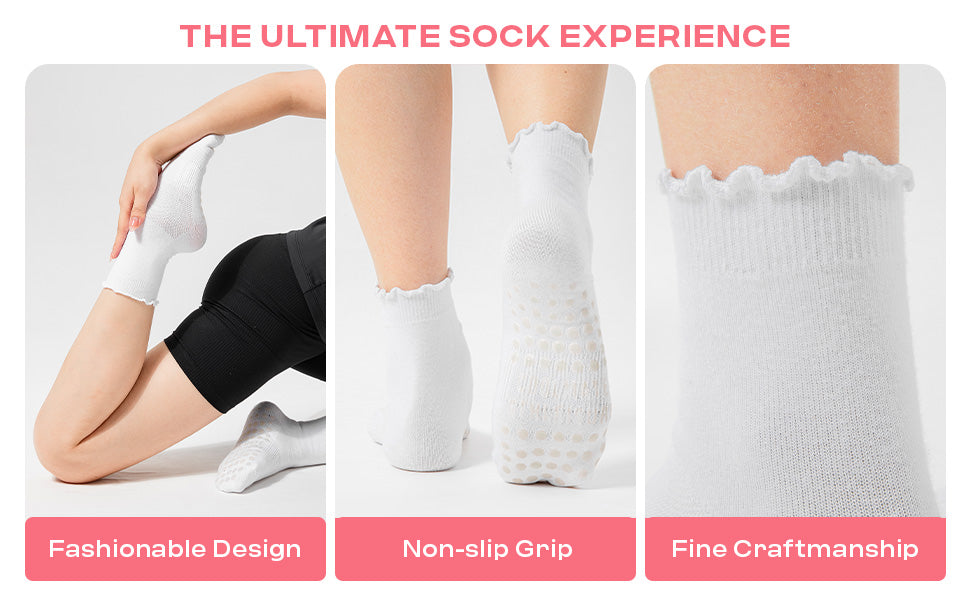 CoolMate Pilates Socks with Grips for Women, Yoga Socks, Crew Non Slip Women for Barre, Pilates Gifts (US, Numeric, 6, 10, Regular, Regular, A-06j. 4 Pairs Black/White/Light Purple/Pink Ruffle)