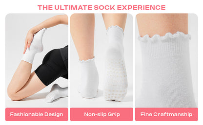 CoolMate Pilates Socks with Grips for Women, Yoga Socks, Crew Non Slip Women for Barre, Pilates Gifts (US, Numeric, 6, 10, Regular, Regular, A-06j. 4 Pairs Black/White/Light Purple/Pink Ruffle)