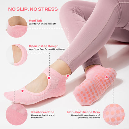 CoolMate Pilates Socks with Grips for Women, Yoga Socks, Crew Non Slip Women for Barre, Pilates Gifts (US, Numeric, 6, 10, Regular, Regular, A-03. 2 Pairs Open Top White)