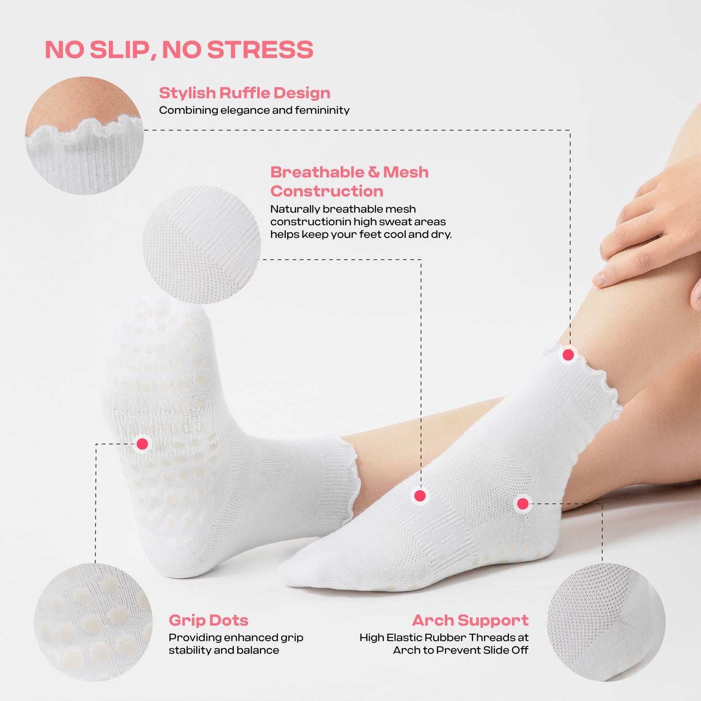 CoolMate Pilates Socks with Grips for Women, Yoga Socks, Crew Non Slip Women for Barre, Pilates Gifts (US, Numeric, 6, 10, Regular, Regular, A-06c. 3 Pairs Ruffle White)