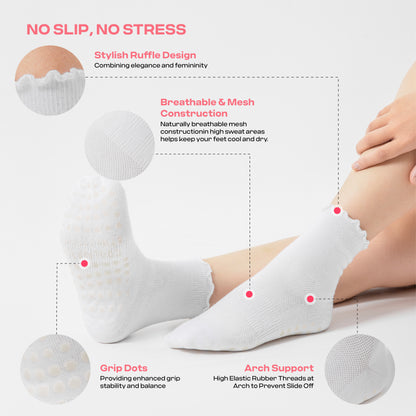 CoolMate Pilates Socks with Grips for Women, Yoga Socks, Crew Non Slip Women for Barre, Pilates Gifts (US, Numeric, 6, 10, Regular, Regular, A-06c. 3 Pairs Ruffle White)