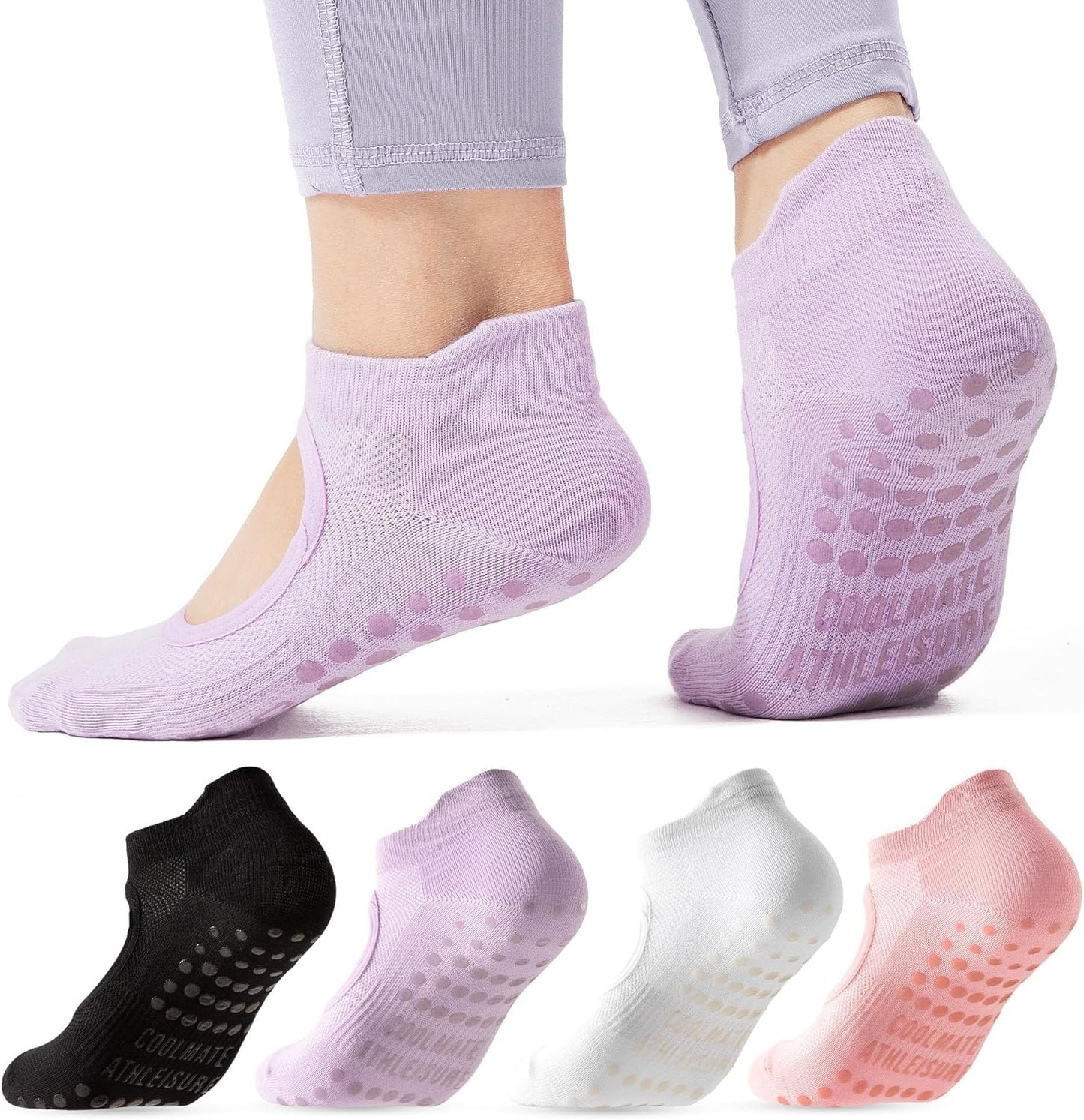 4 Pairs CoolMate Pilates Socks with Grips for Women, Yoga Socks, Crew Non Slip Women for Barre, Pilates Gifts (Pink/White/Light Purple/Black)