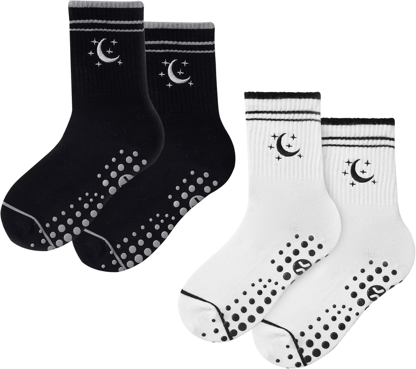 CoolMate Pilates Socks with Grips for Women, Yoga Socks, Crew Non Slip Women for Barre, Pilates Gifts (US, Numeric, 6, 10, Regular, Regular, E-13. 2 Pairs Moon Star Black/White)