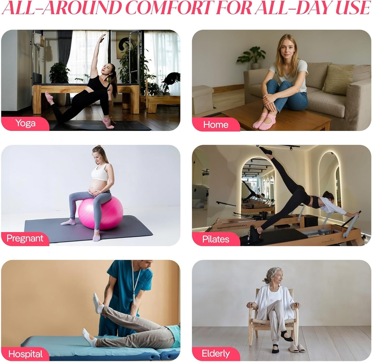 4 Pairs CoolMate Pilates Socks with Grips for Women, Yoga Socks, Crew Non Slip Women for Barre, Pilates Gifts (Pink/White/Light Purple/Black)