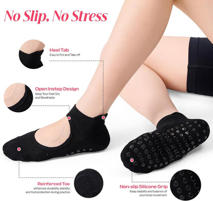 4 Pairs CoolMate Pilates Socks with Grips for Women, Yoga Socks, Crew Non Slip Women for Barre, Pilates Gifts (Pink/White/Light Purple/Black)