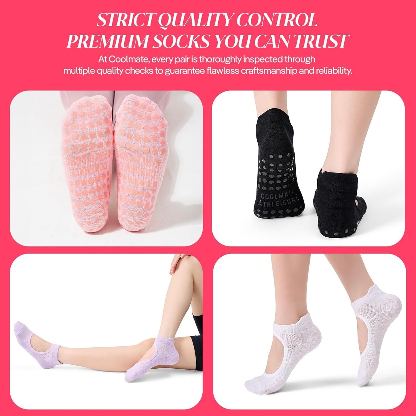 4 Pairs CoolMate Pilates Socks with Grips for Women, Yoga Socks, Crew Non Slip Women for Barre, Pilates Gifts (Pink/White/Light Purple/Black)