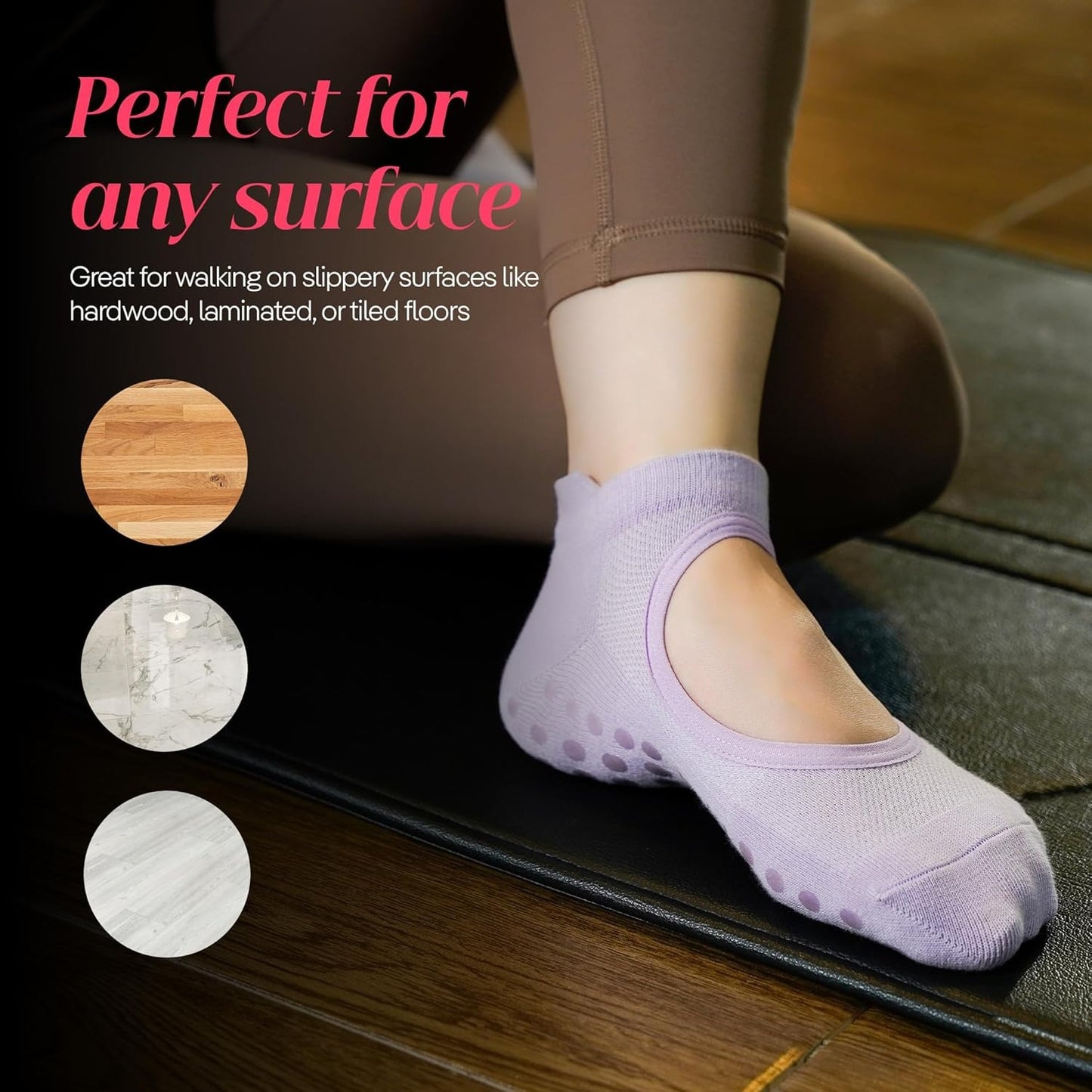 4 Pairs CoolMate Pilates Socks with Grips for Women, Yoga Socks, Crew Non Slip Women for Barre, Pilates Gifts (Pink/White/Light Purple/Black)